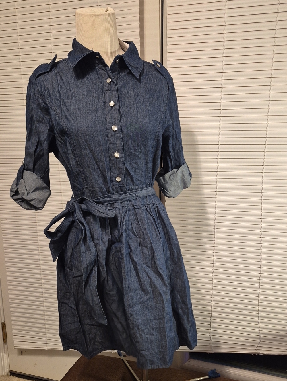 Classic Blue Denim Midi Shirt Dress with Tie Waist